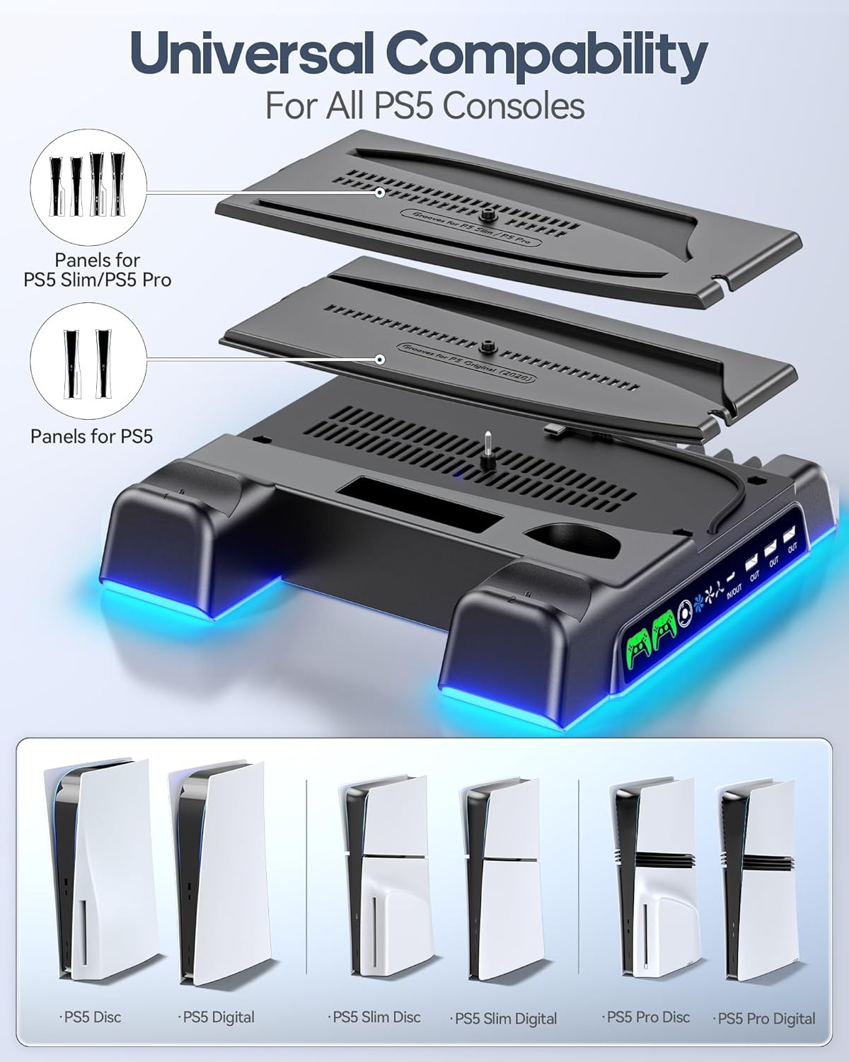 PS5/Slim/Pro Stand and Cooling Station with LED Controller Charging Station