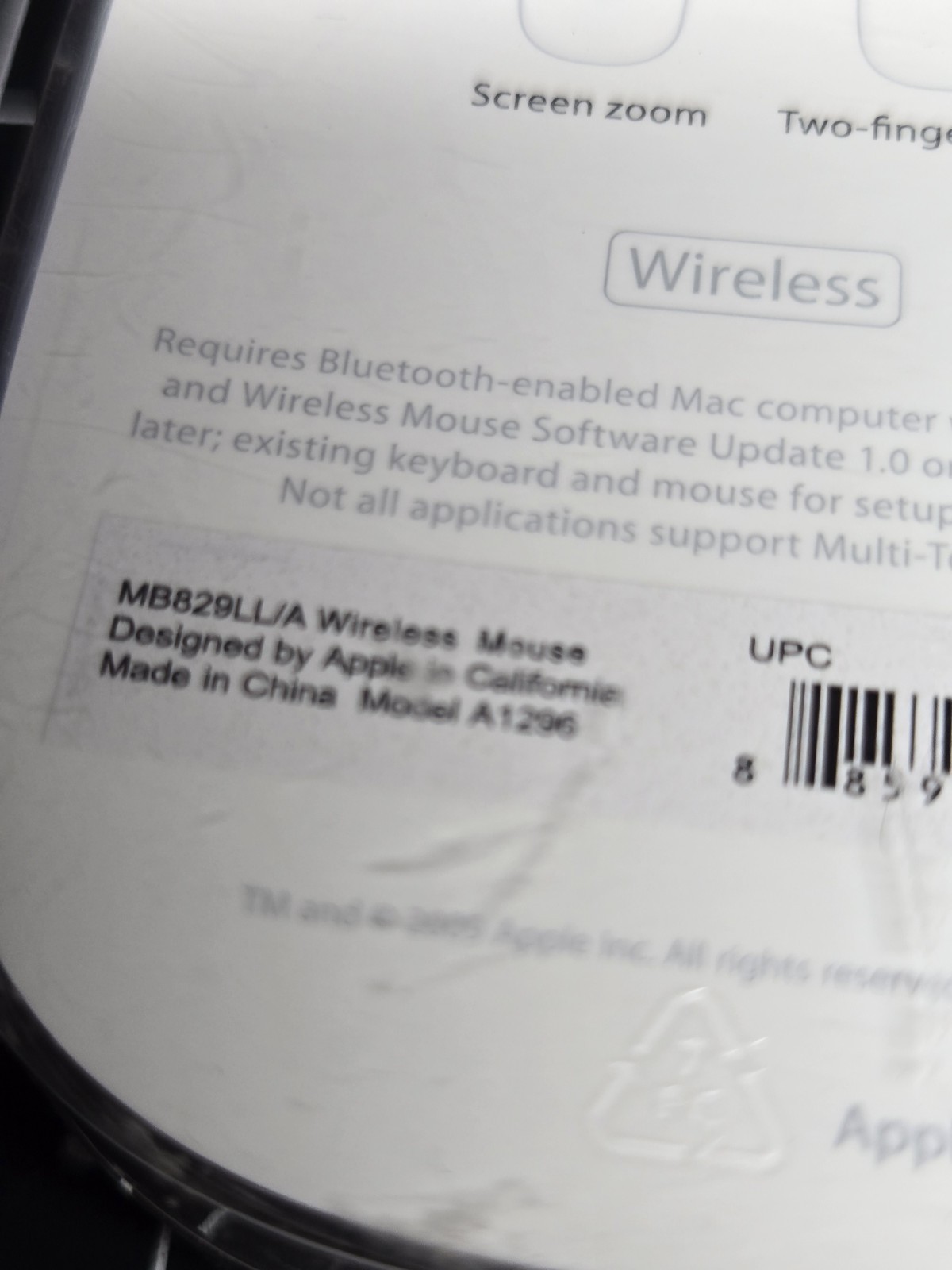 Apple A1296 Wireless Tactile/Multi-Touch Mouse - MB829LL/A