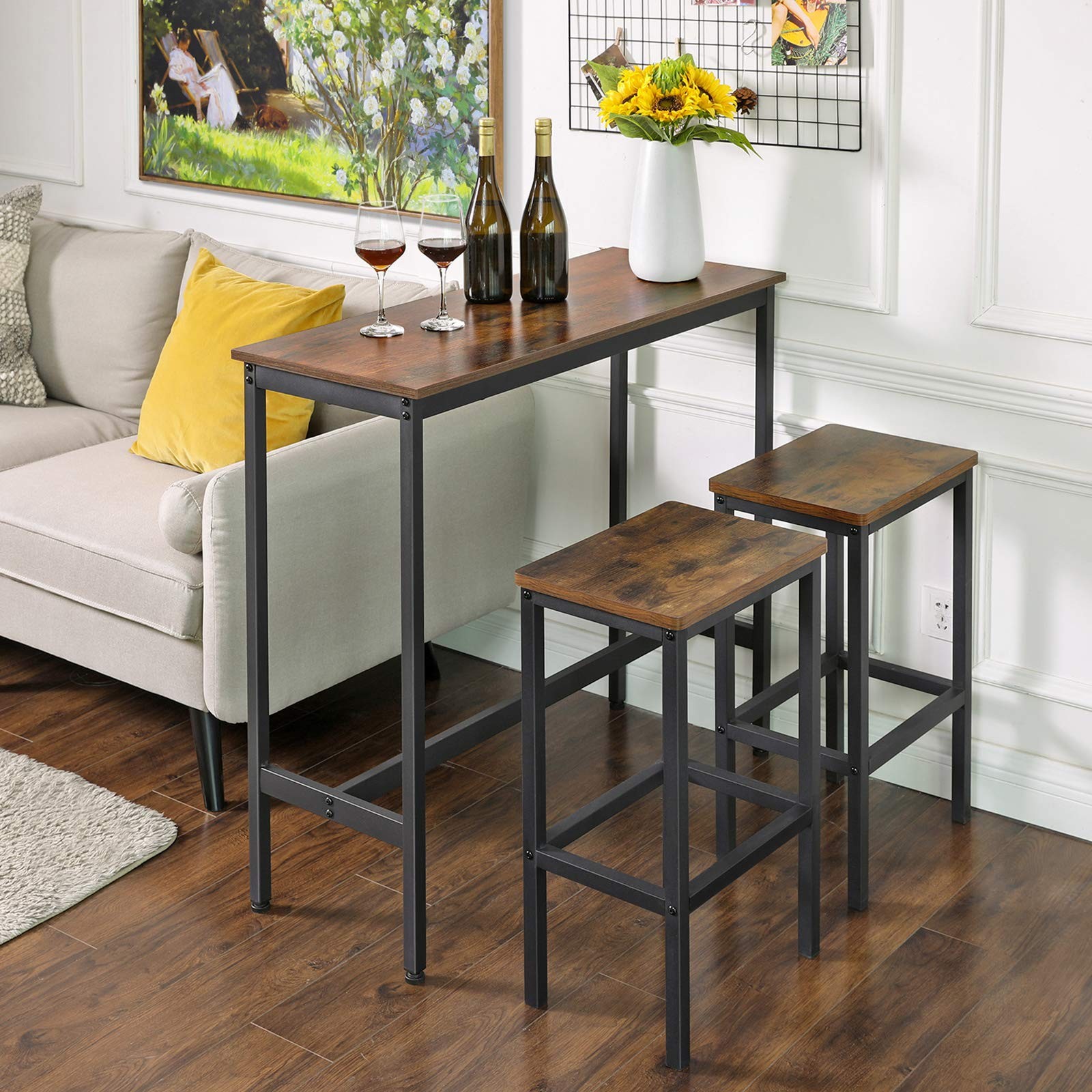 Industrial Narrow Bar Table Rustic Brown Metal Frame