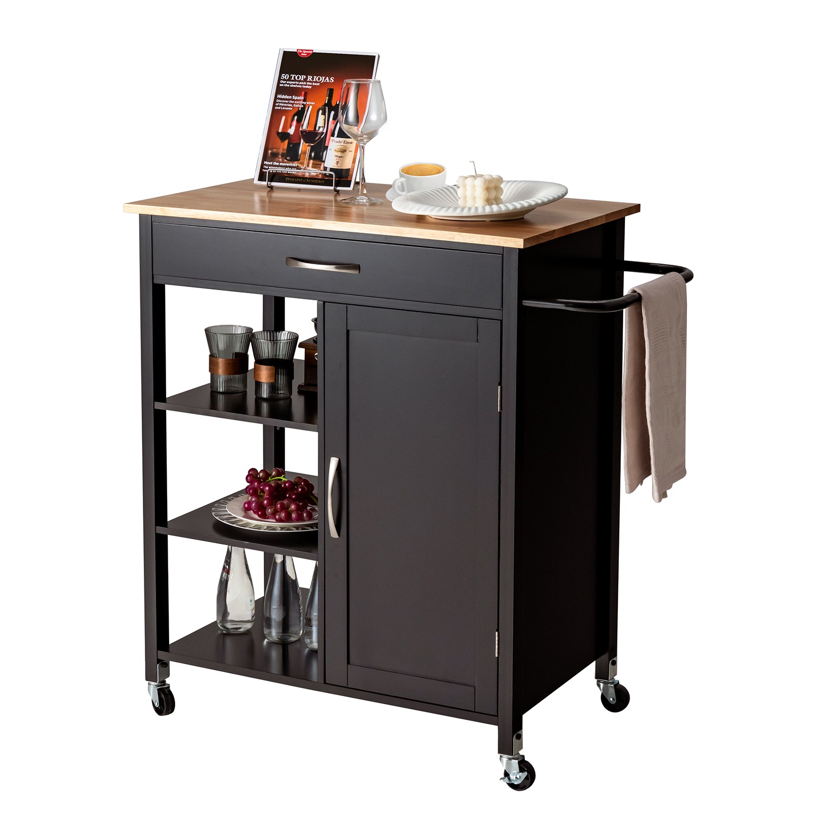 Mobile Kitchen Island Cart Serving Cart w/ 3-Level Adjustable Shelf&Drawer Brown