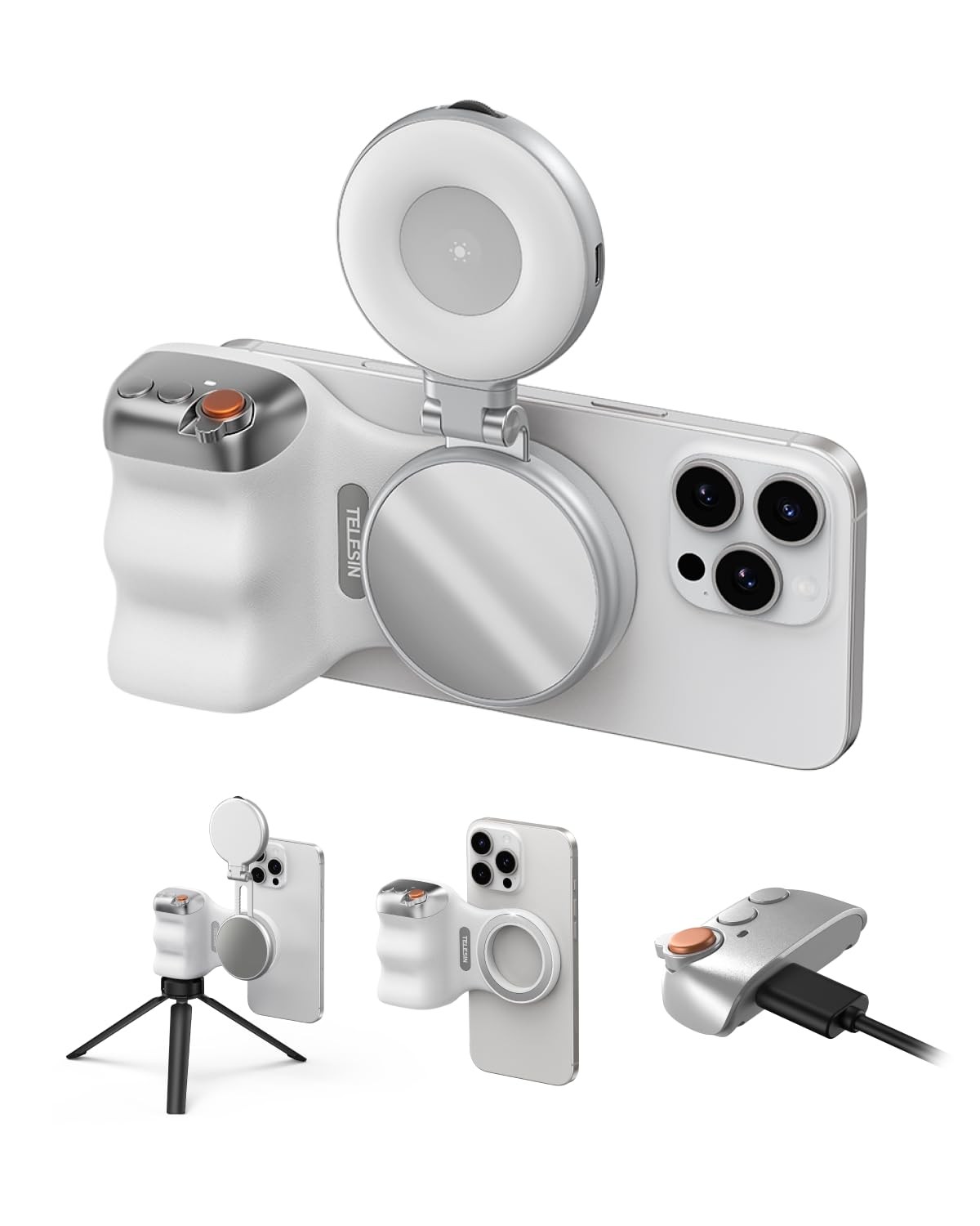 TELESIN Magnetic Smartphone Grip w/ LED Selfie Light MagSafe White Silver