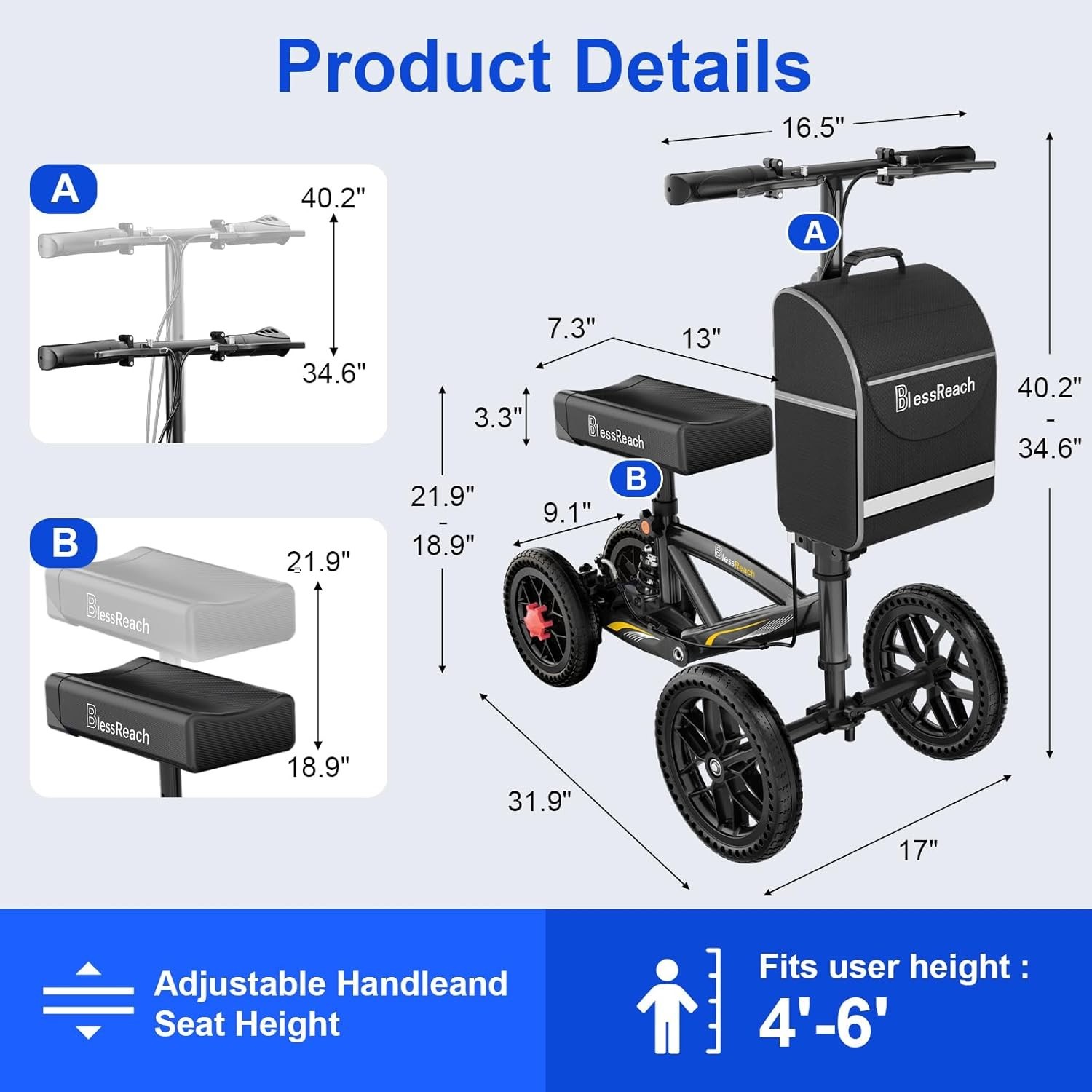 BlessReach Knee Walker 350 lbs Foldable All Terrain Scooter Black