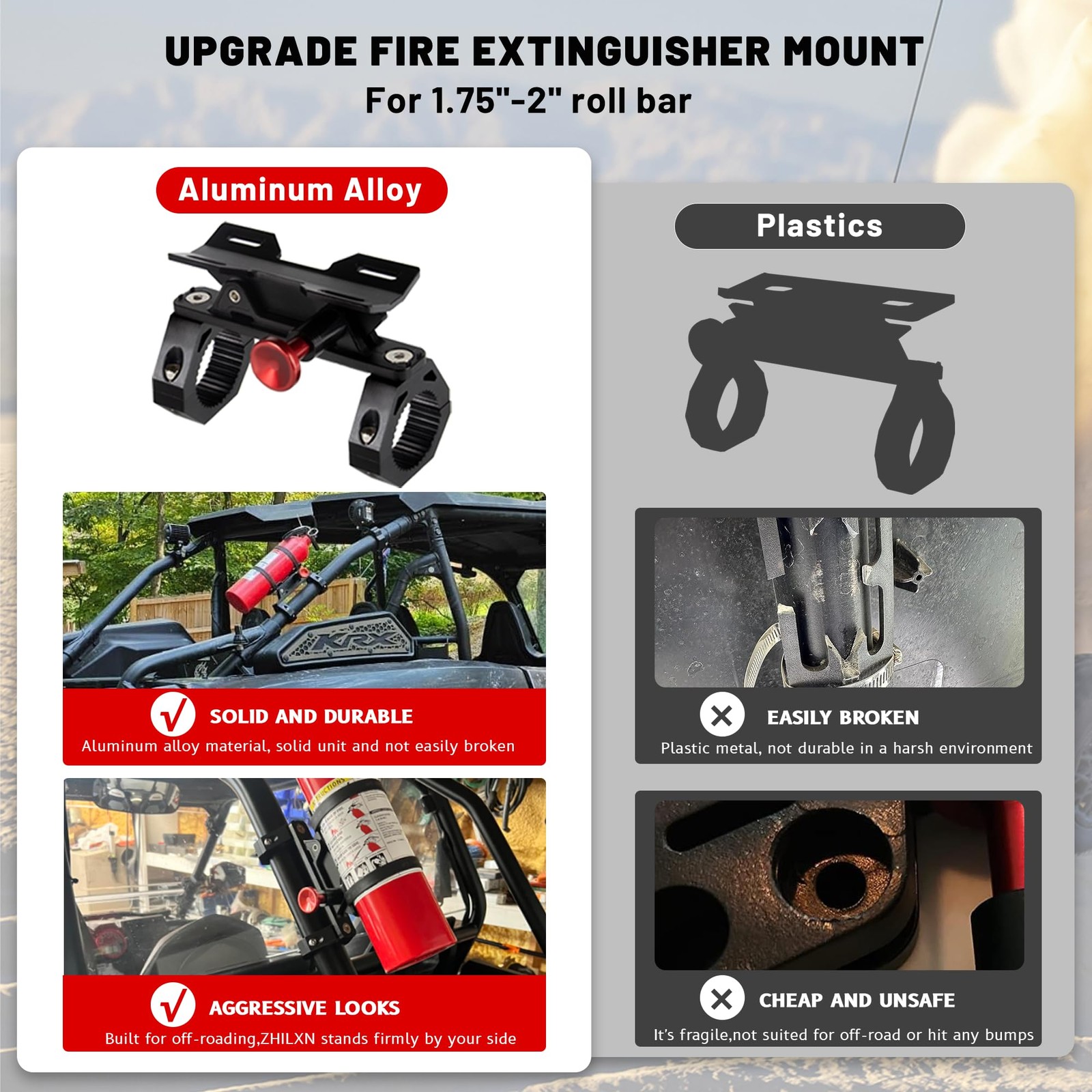 Aluminum UTV Fire Extinguisher Mount Kit for Roll Bar, Quick Release