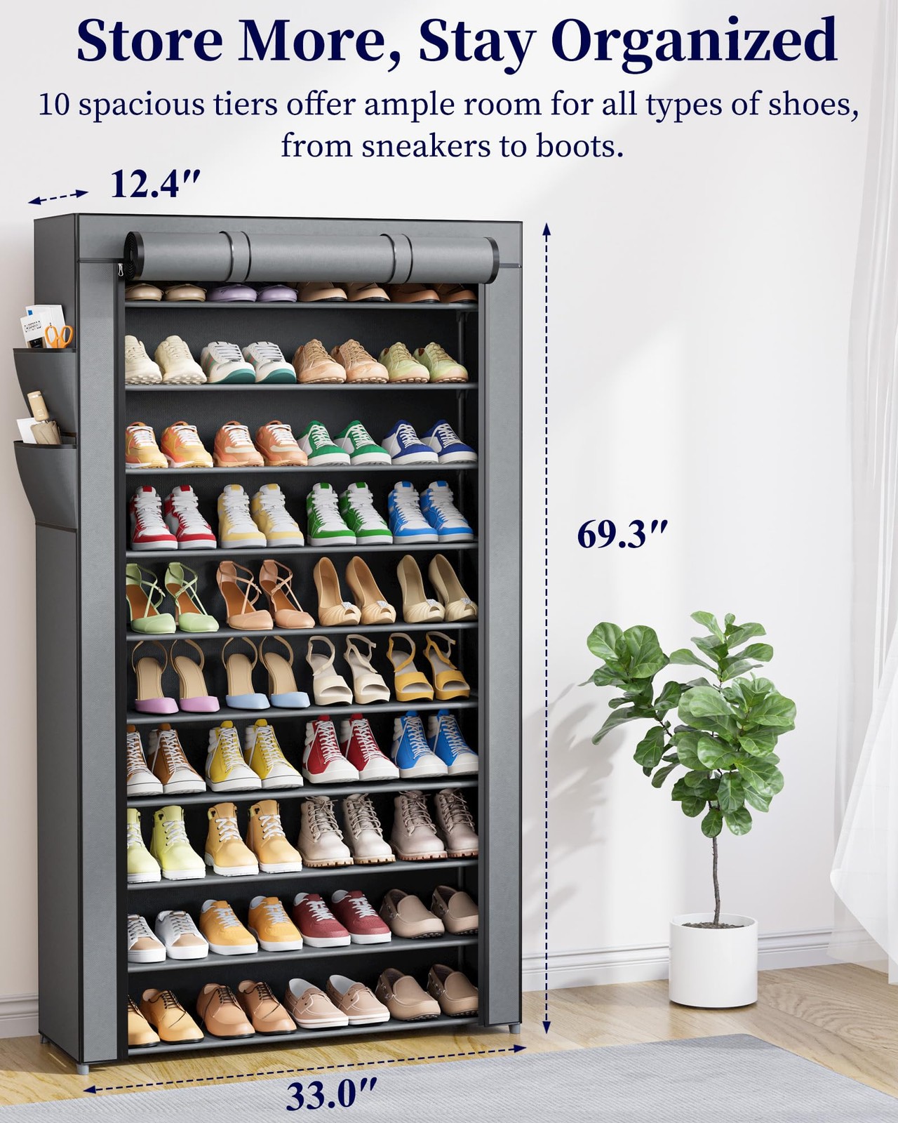 Kitsure 10-Tier Shoe Organizer Shoe Rack Zippered Dust Cover Side Pockets Entryw