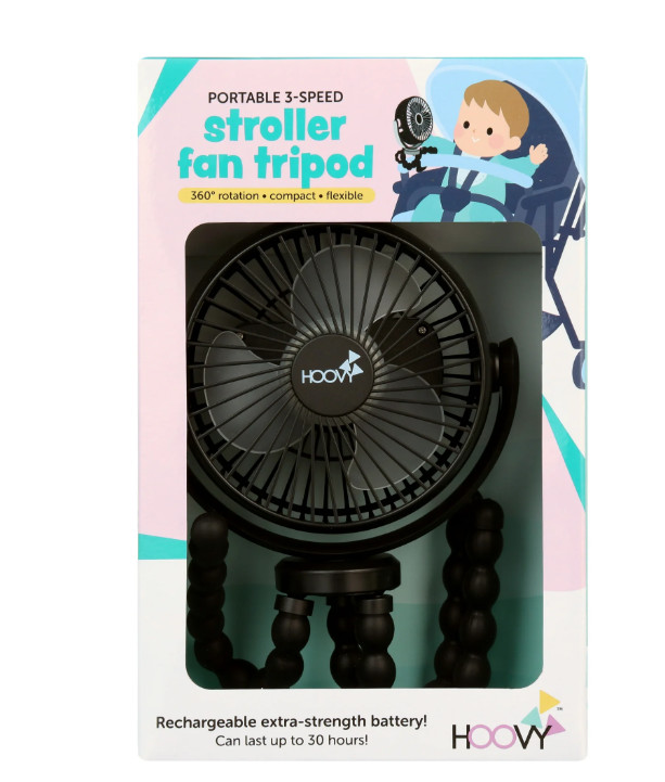 Hoovy Portable & Rechargeable Stroller Fan with Flexible Tripod Legs, Black