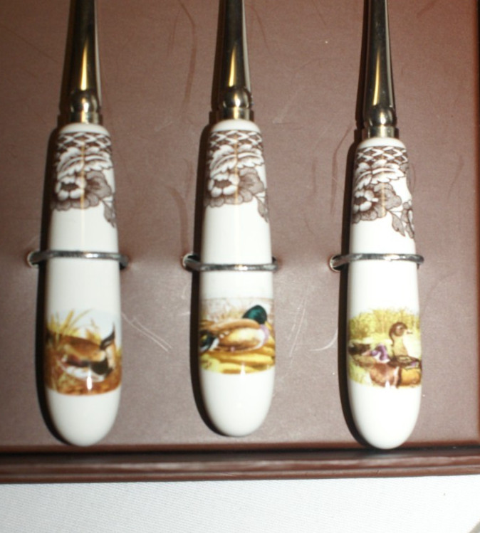 6 Spode Woodland Motif Cocktail Pastry Forks Porcelain Ceramic Stainless Steel