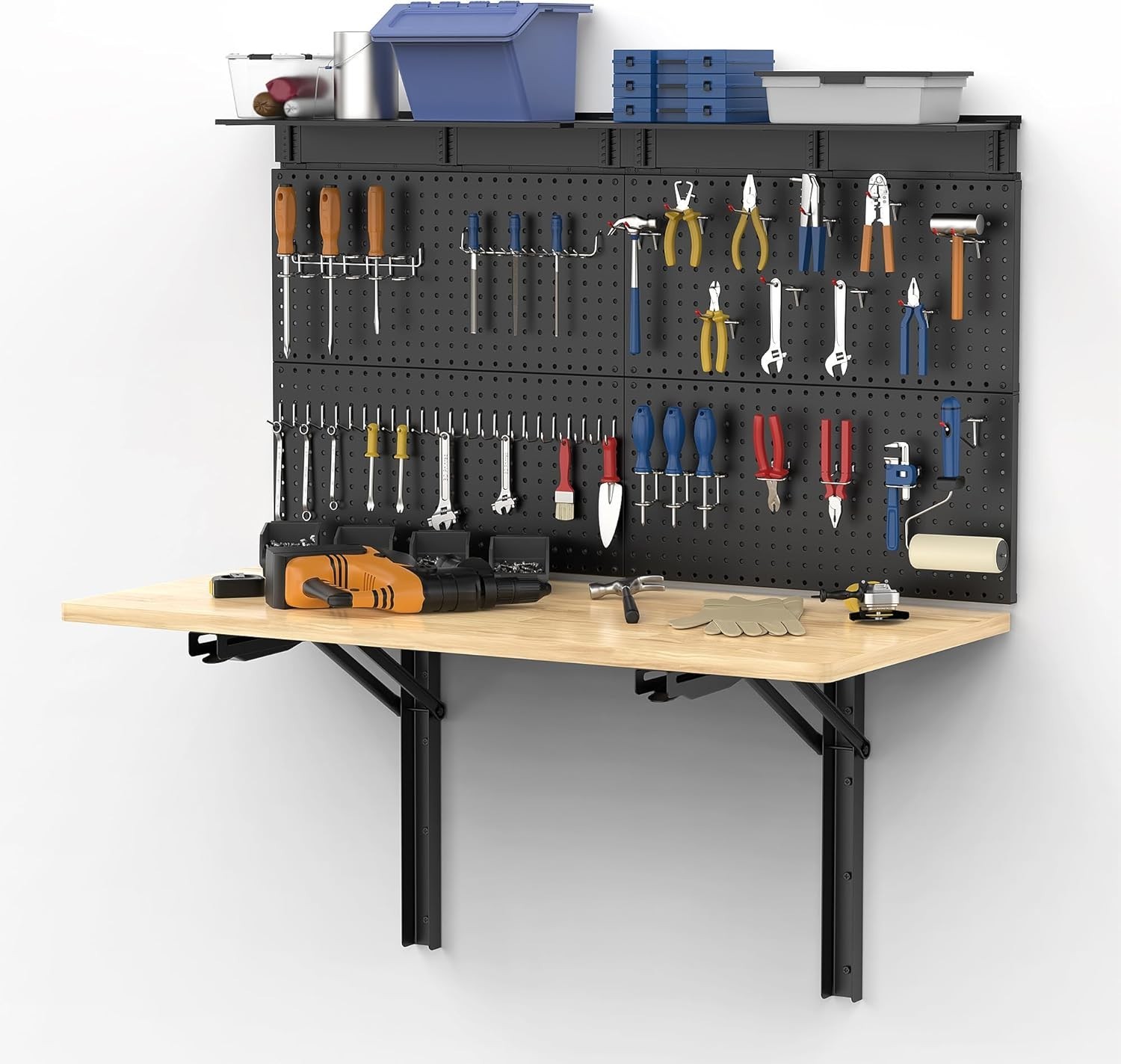 Wall Mounted Workbench with Pegboard, Folding Down Work Table Metal Pegboard ...