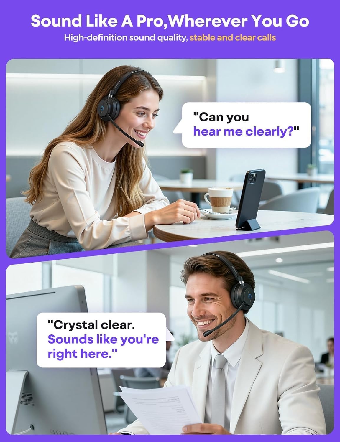 Wireless Headset Clear Sound ＆ Comfortable USB Dongle Microphone for Call Center