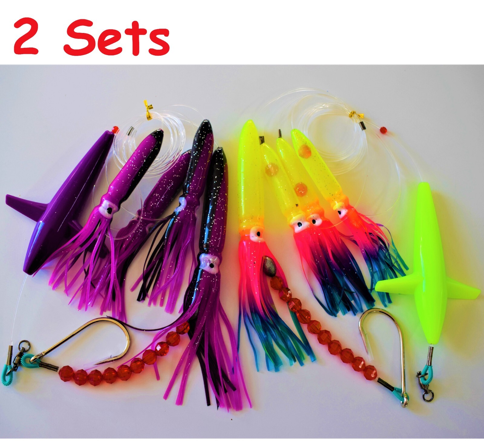 2 SETS DAISY CHAIN BAIT RIG BIRD TUNA MARLIN TROLLING FISH LURES-PURPLE,RAINBOW