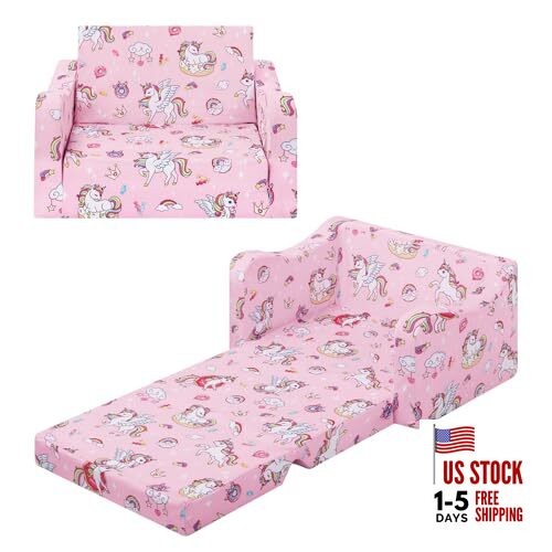 Comfy Kids Couch, 2-in-1 Folding Kids Sofa Bed for Toddler Unicorns Candies