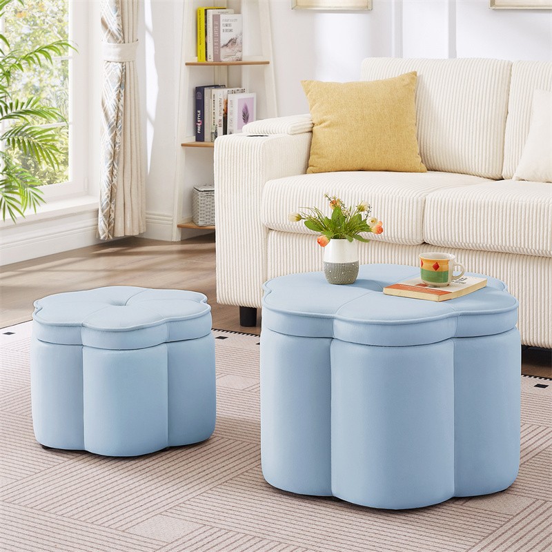 Set of 2 Flower Shape Storage Ottoman,Upholstered Velvet Storage Ottoman Bench