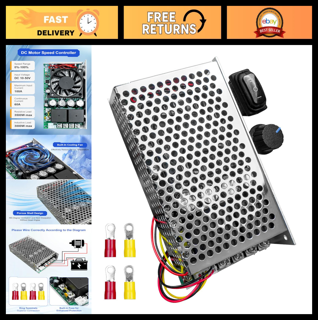High-Power DC Motor Speed Controller 3500W, 10V-50V, 60A/100A, PWM, Adjustable P
