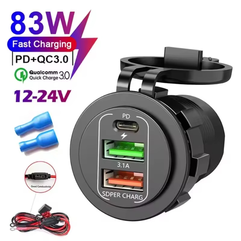 USB Car Charger Dual QC3.1 PD Port With Voltmeter Outlet Socket for 12V Boat RV