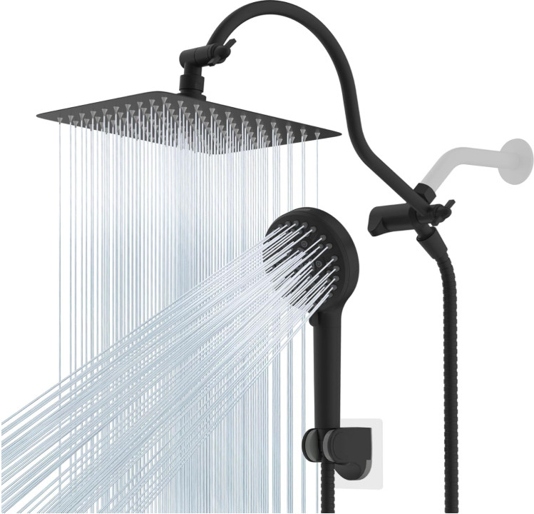 Ducha lluvia 10'' metal alta presión mano 10 modos brazo 12'' negro, Nuevo
