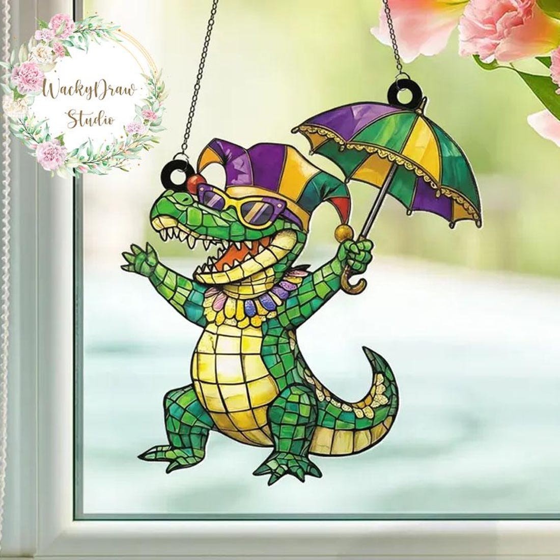 Cute Crocodile Mardi Gras Acrylic Suncatcher, Mardi Gras Fleur de Lis