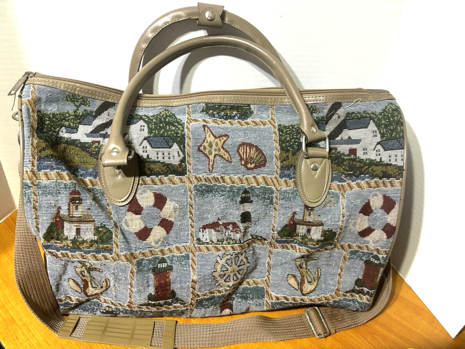 Lighthouse Beach Print Carry On Luggage Duffle Weekender Travel Bag Vintage