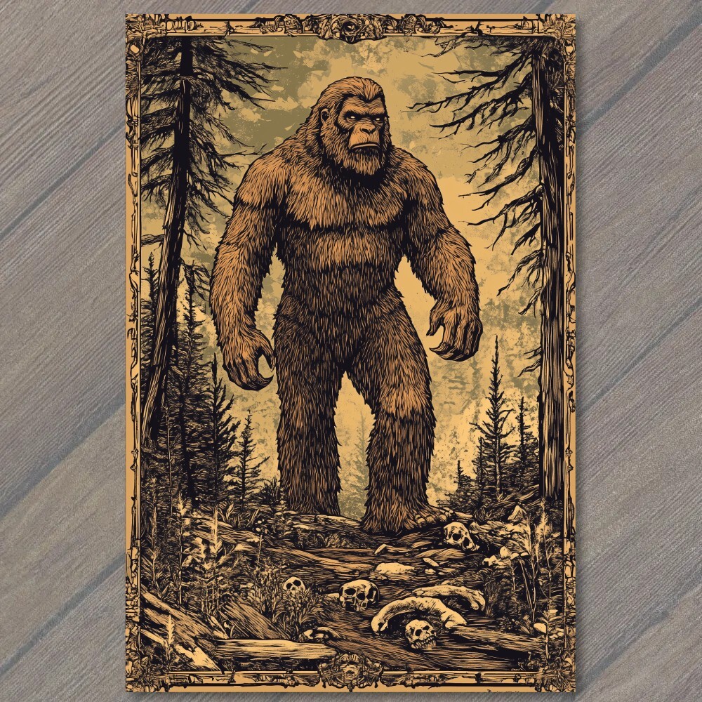 POSTCARD Bigfoot Walking Moonlit Forest Skulls Trees Mythical Creature Strange