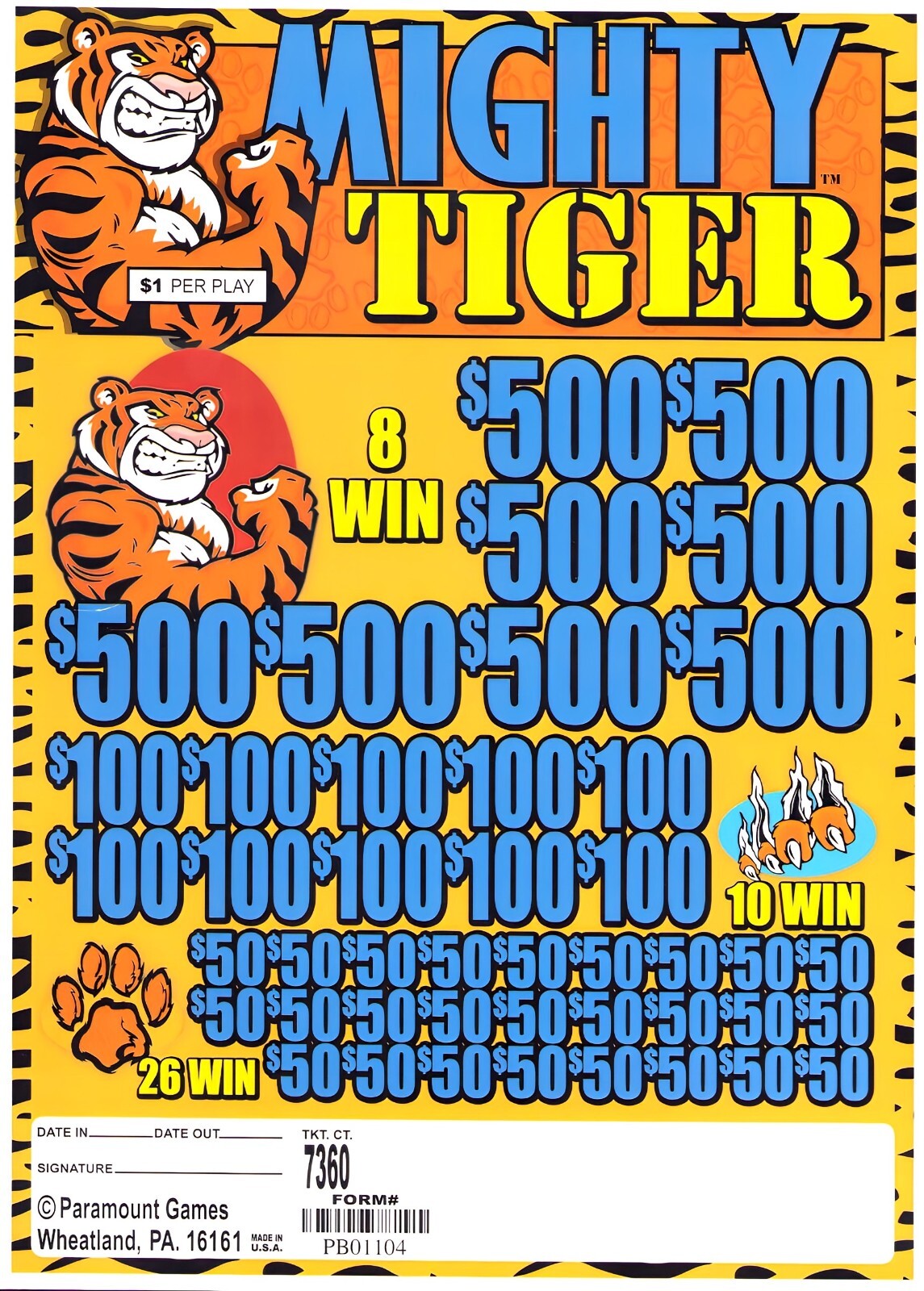 Pull Tab Tickets - Jar - Game - Mighty Tiger - 7,360 ct