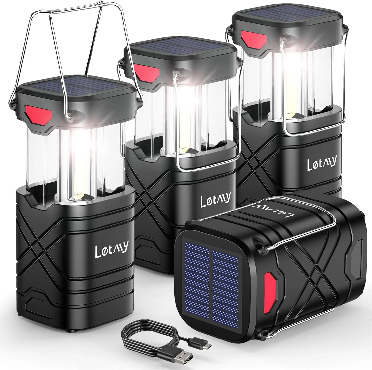 LETMY 4 Pack Camping Lantern, Rechargeable LED Lanterns, Solar Lantern Battery P