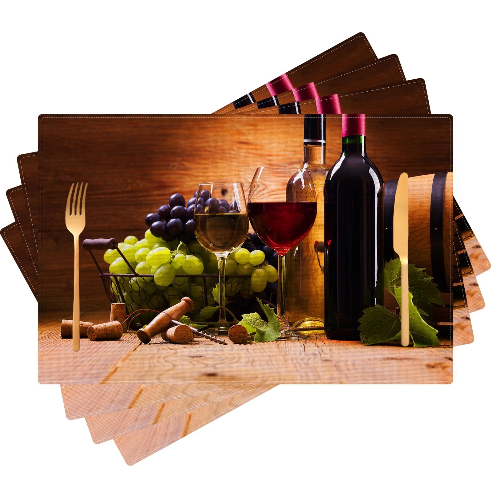 Kerton Stork Wine Place Mats Indoor Set of 4 Brown Wooden Placemats Wipeable ...
