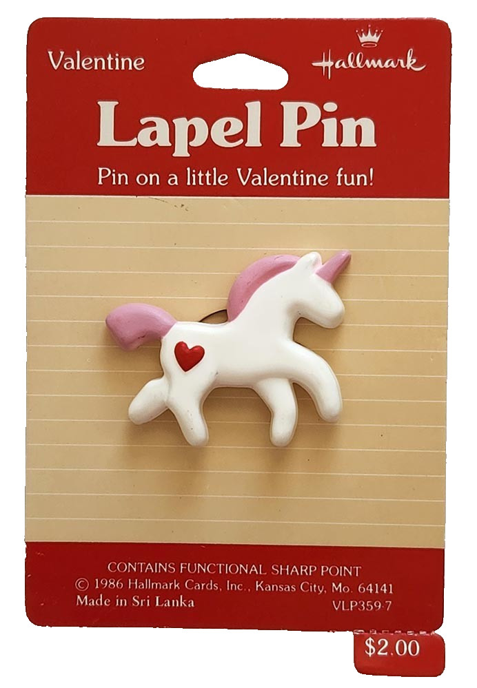Hallmark PIN Valentines Vintage UNICORN w RED HEART 1986 Brooch 200 NEW
