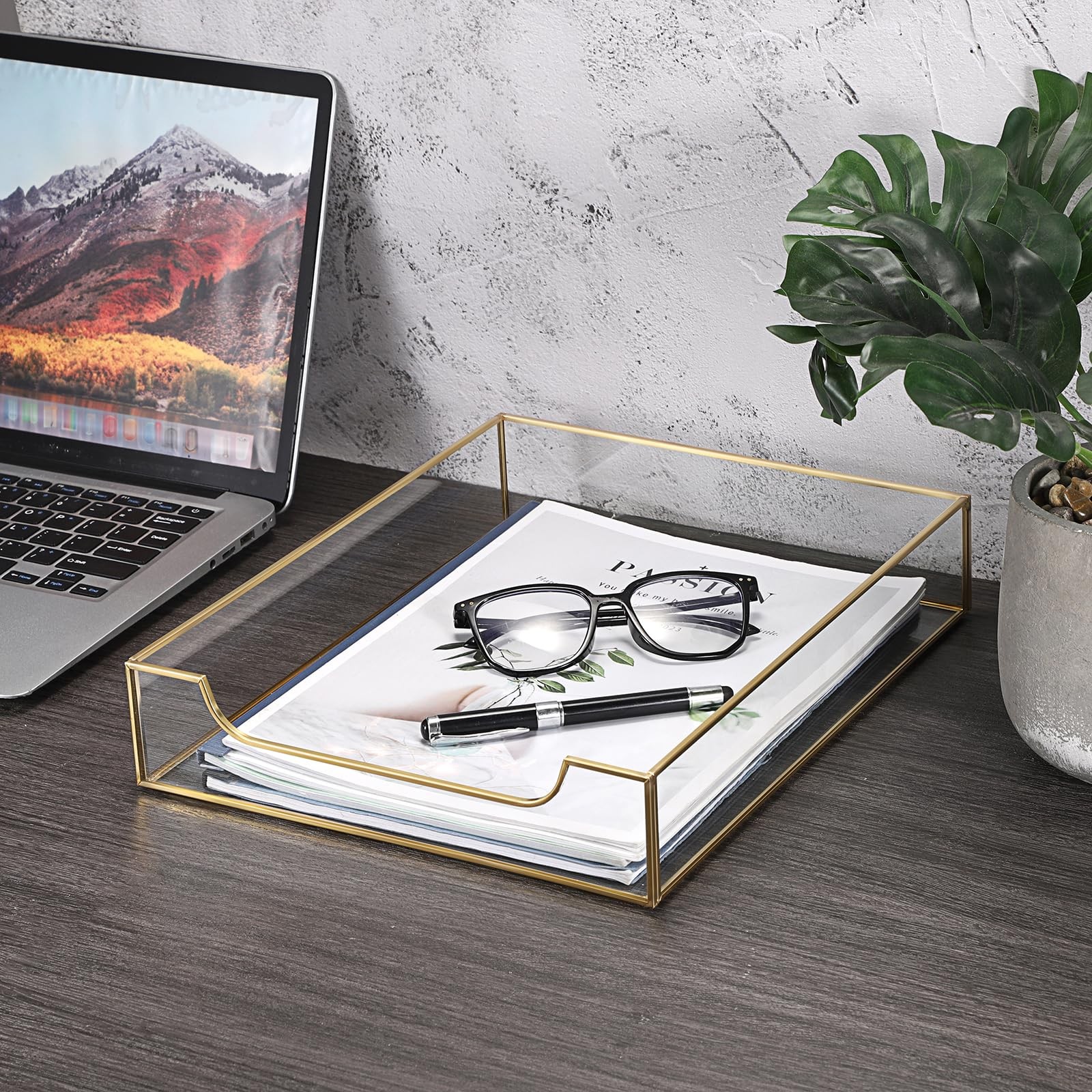 1 Pack Golden Glass Desk Tray, Multi-Purpose Organizer for A4 , Documents, De...