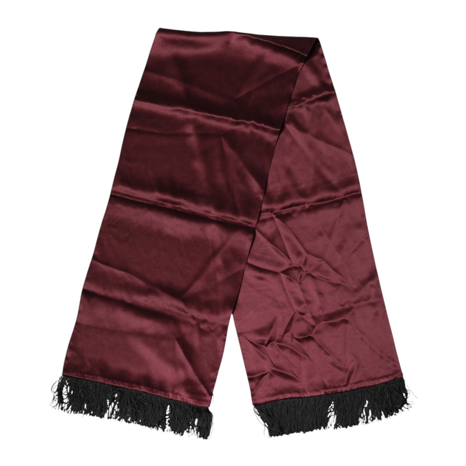 DOLCE & GABBANA Scarf Maroon Silk Satin Fringes Neck Foulard 133.5cm x 26.5cm