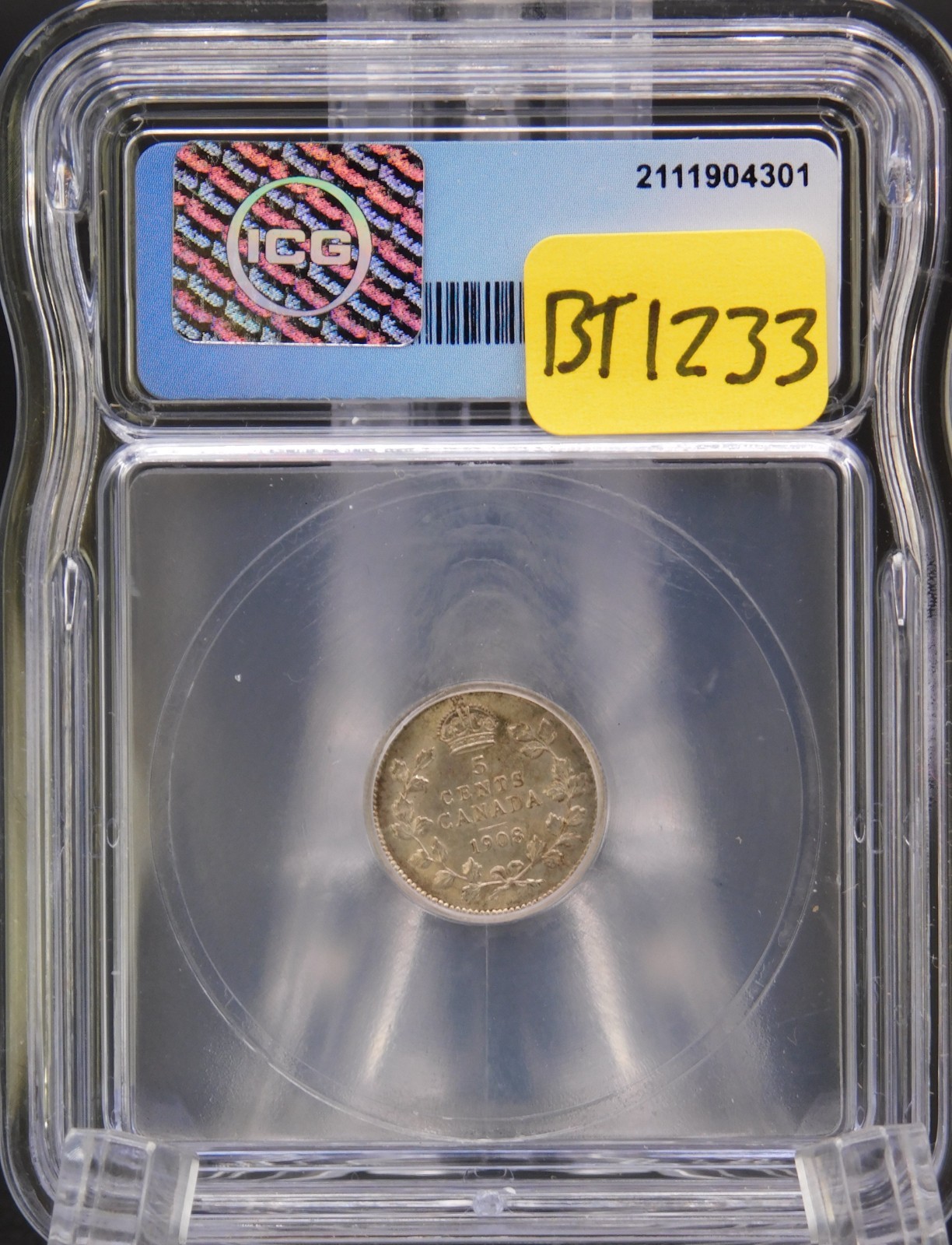 1908 SMALL 8 CANADA FIVE CENT ICG AU58 (BT1233)
