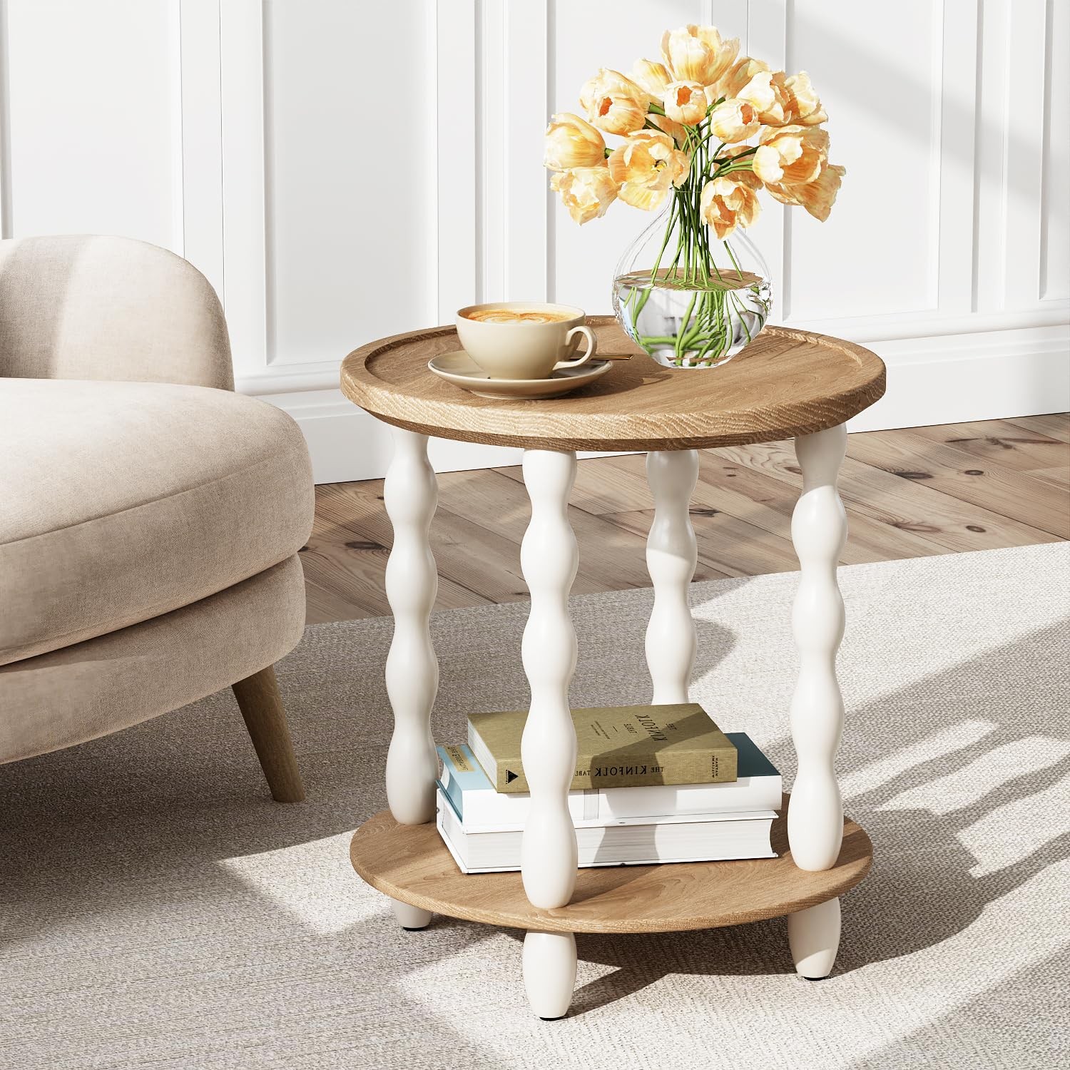 Round End Table, 2-Tier Farmhouse 18.5'' 18.5" Round, White