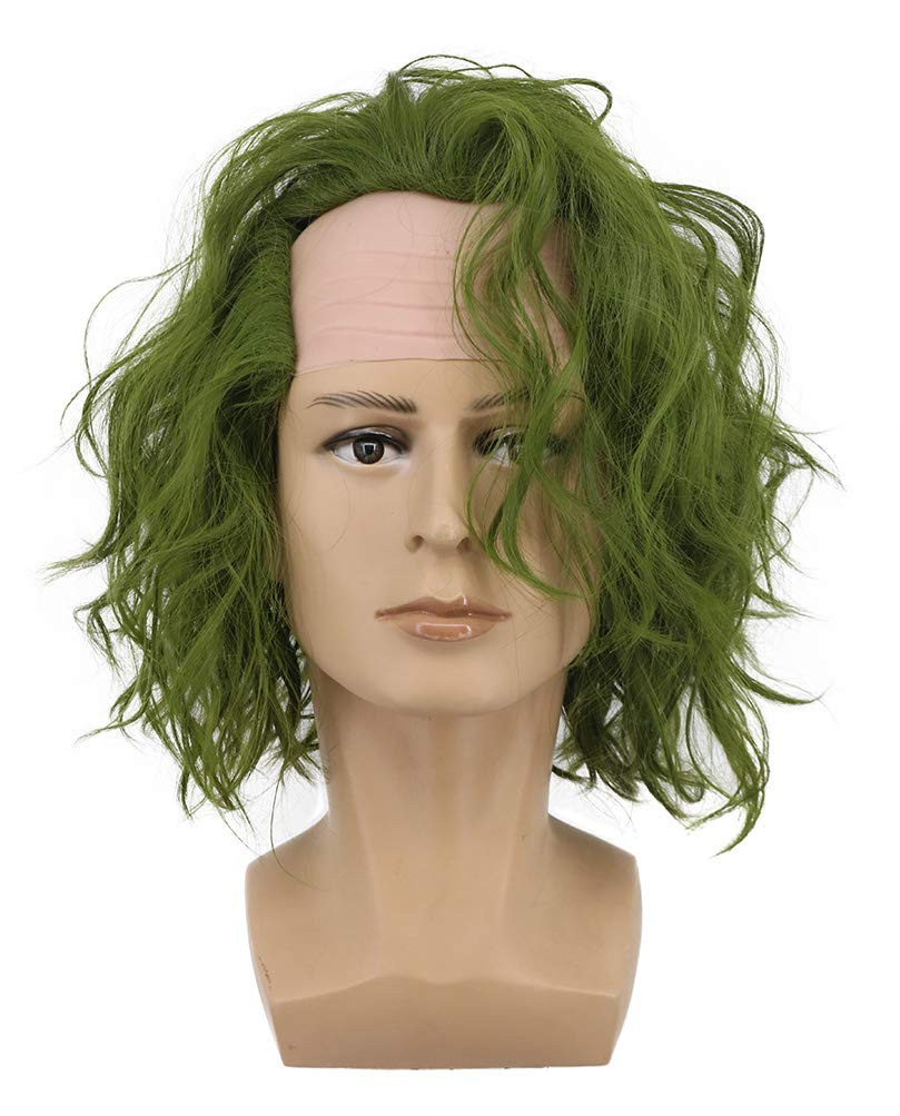 Adult Men Bald Short Bob Curly Dark Green Joker Wig Halloween Cosplay Anime Cost
