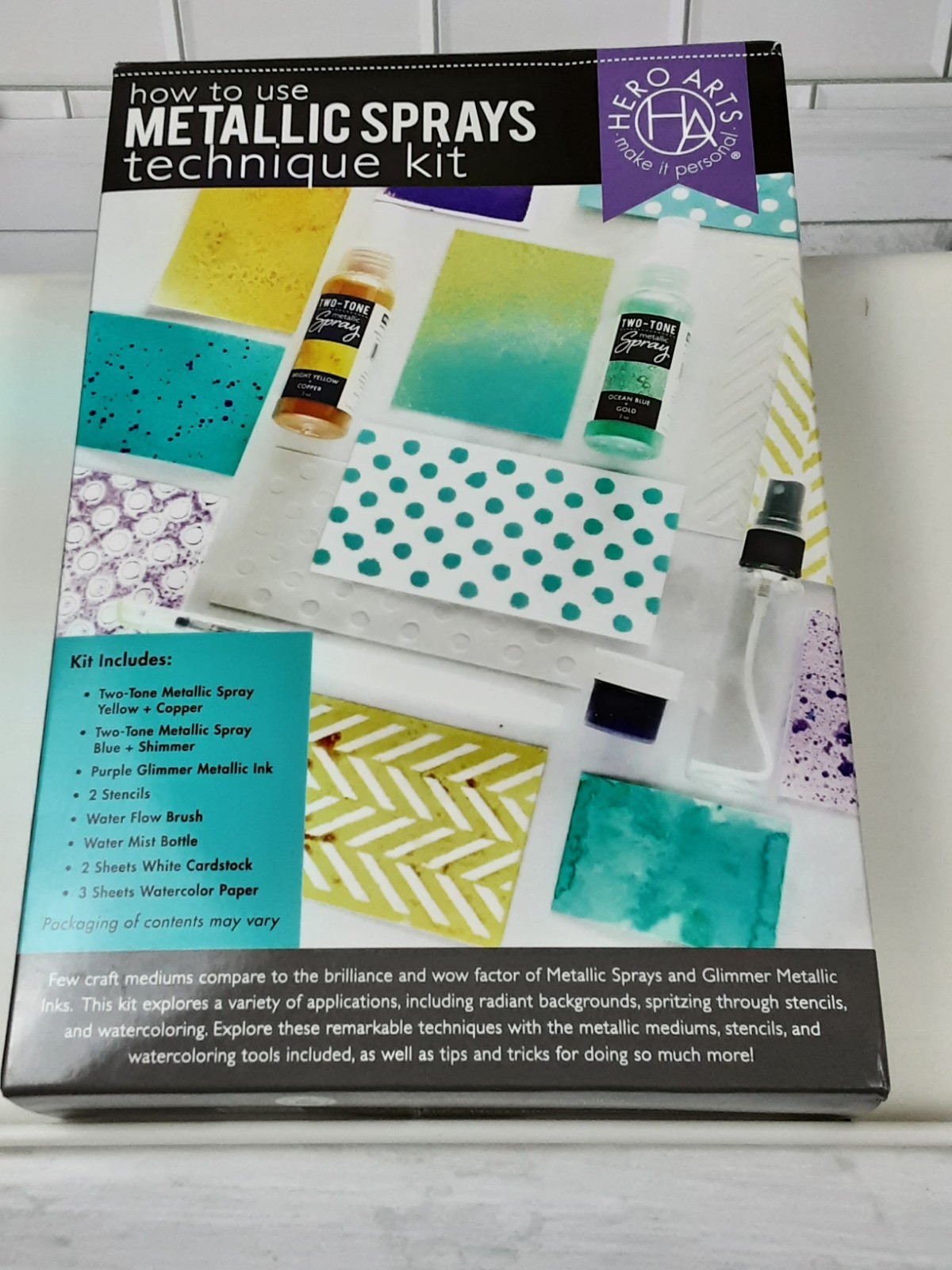 NEW Hero Arts  How To Use Metallic Spray Technique Kit 3 Sprays 2 Stencils Brush