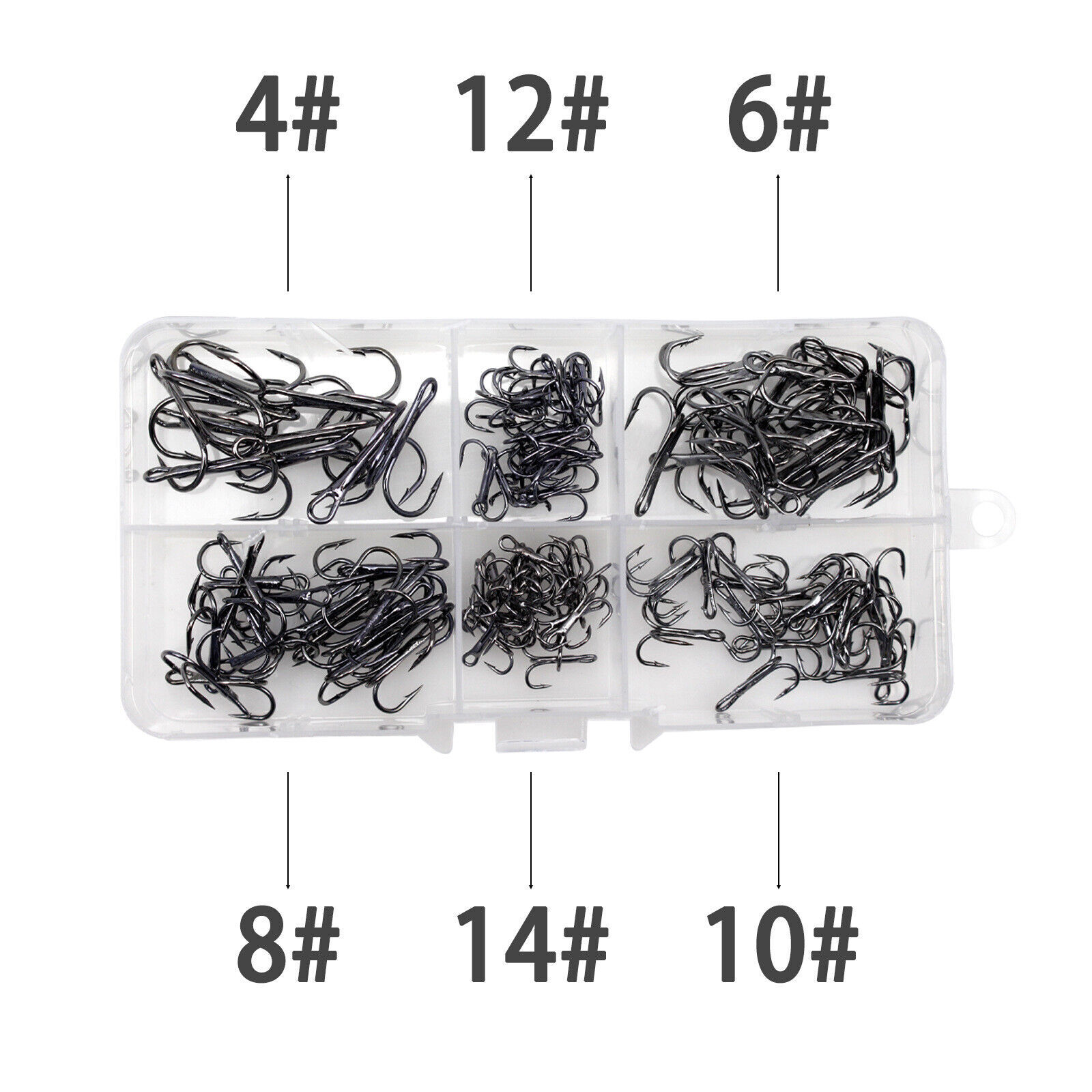 110pcs/Box Treble Fishing Hooks Black High Carbon Steel Treble Hook Mixed 6 Size