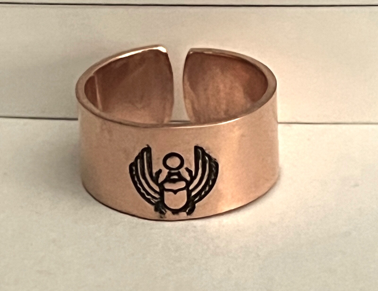 COPPER OPEN BACKED DESIGNED STAMPED RING WINGED SCARAB #CR-283