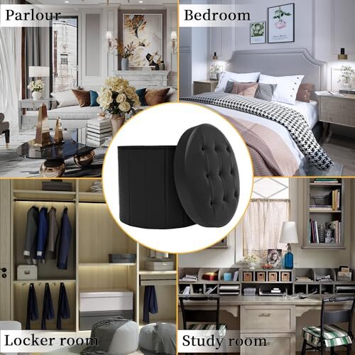 Folding Storage Ottoman Round 15Inch Foot Stool with Thicker Foam Padded Seat...