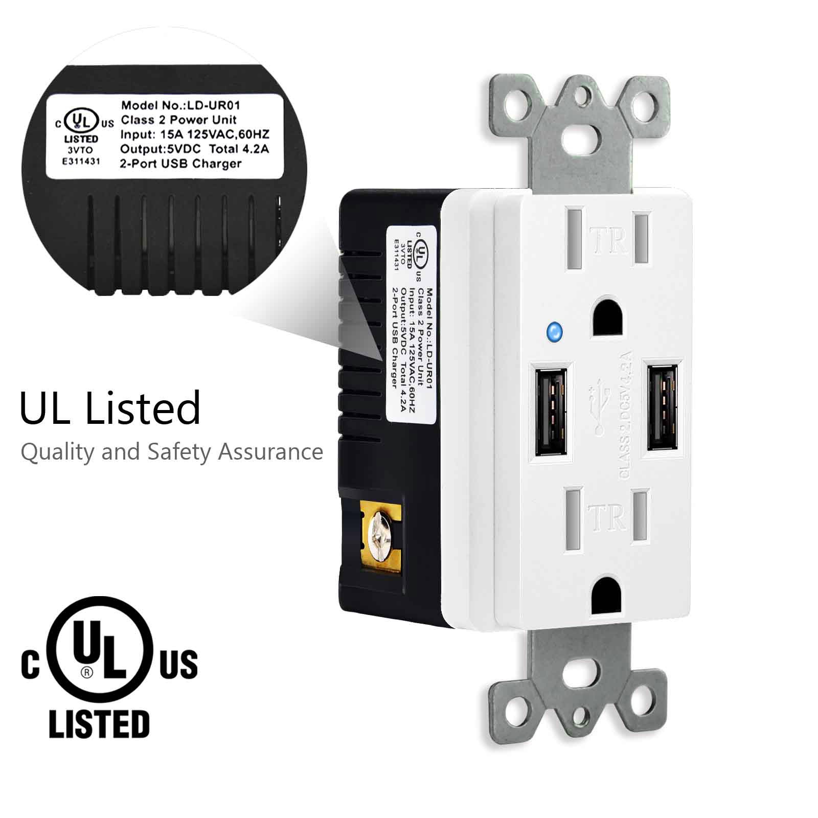 3 x Electrical Socket 4.2A USB White Wall Receptacle with LED Indicator,15A/125V