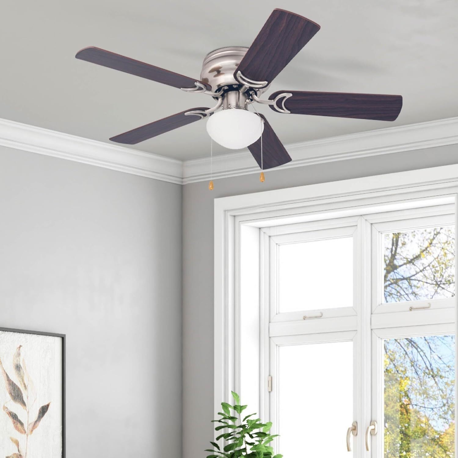 42 in Flush Mount Indoor LED Ceiling Fan W/ Light Pull Chain Dual Finish Blades
