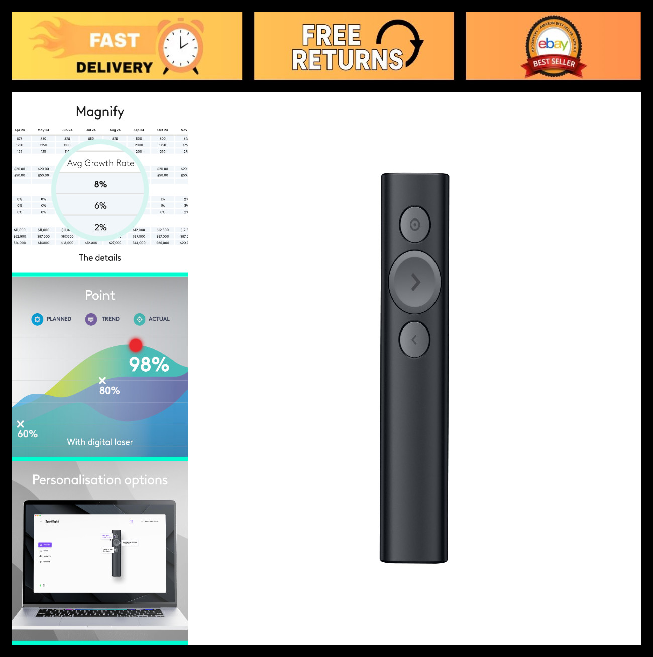 Universal Wireless Presentation Remote Clicker with Laser Pointer, Bluetooth, 30