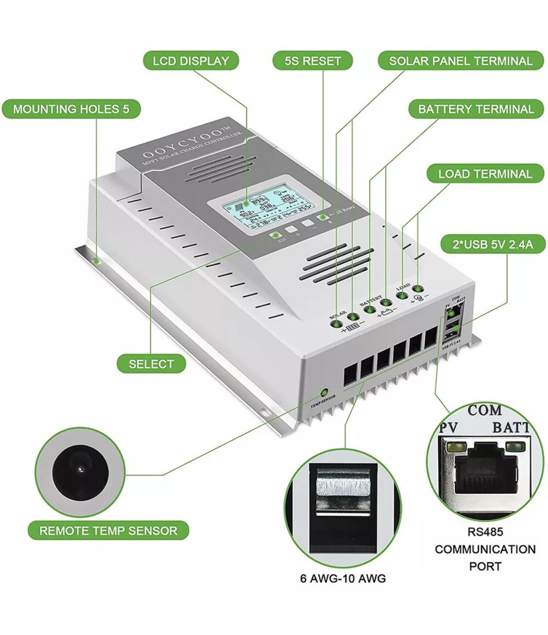 100A MPPT Solar Panel Regulator Charge Controller Auto 12V 24V T6
