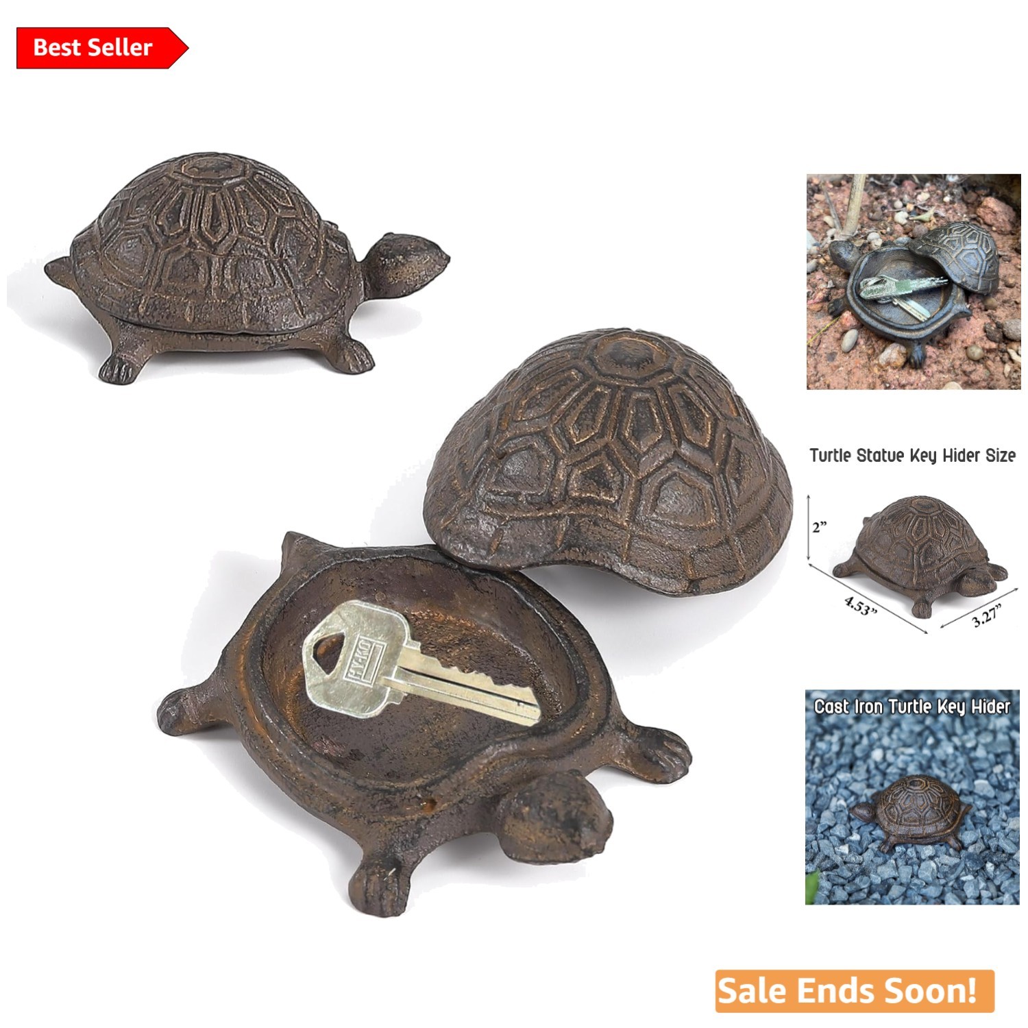 Outdoor Cast Iron Animal Key Hider Garden Decor Brown Turtle