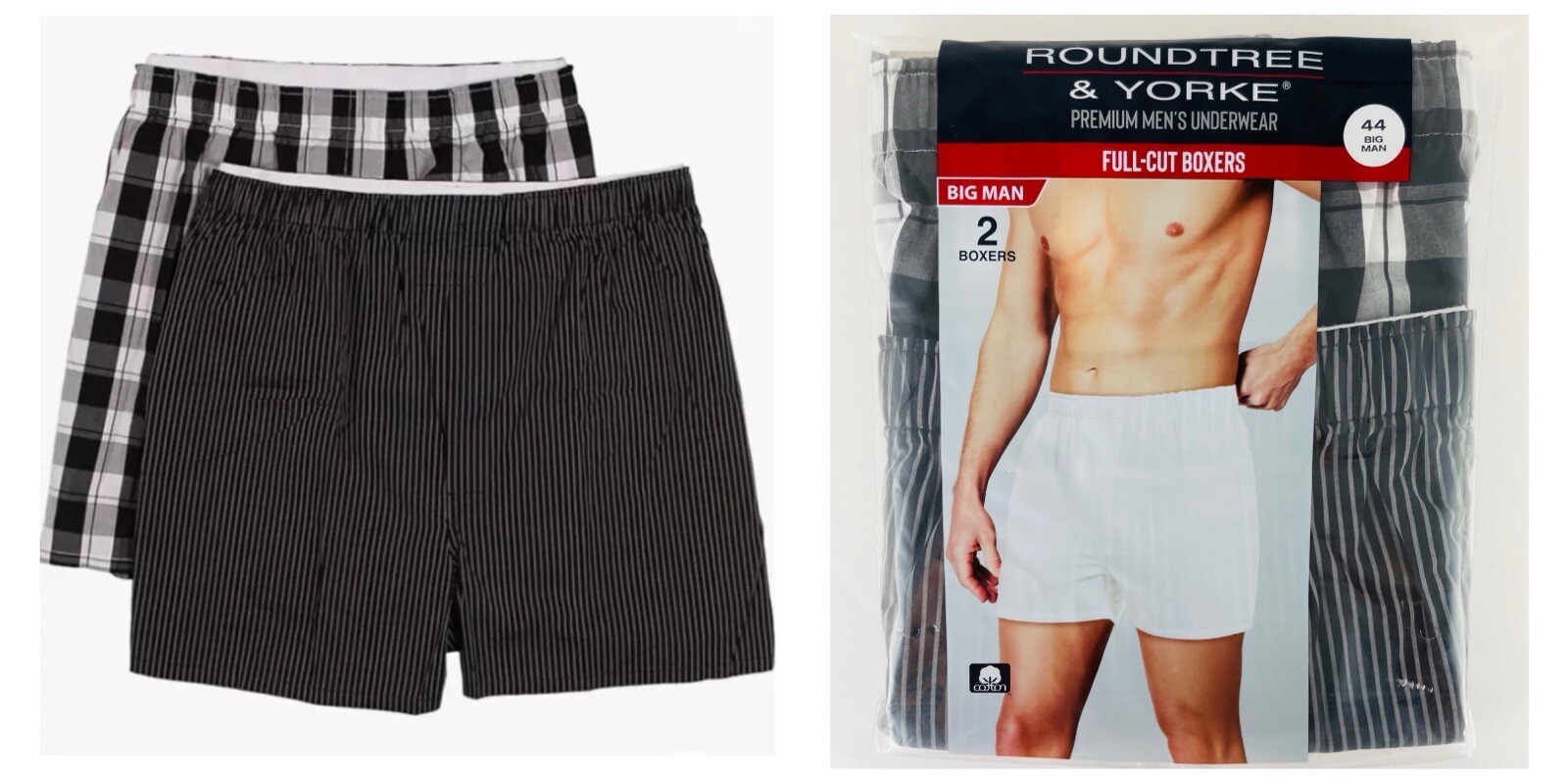 2-Pack of Roundtree & Yorke Big Man 100% Cotton Full-Cut Boxers, Black & White