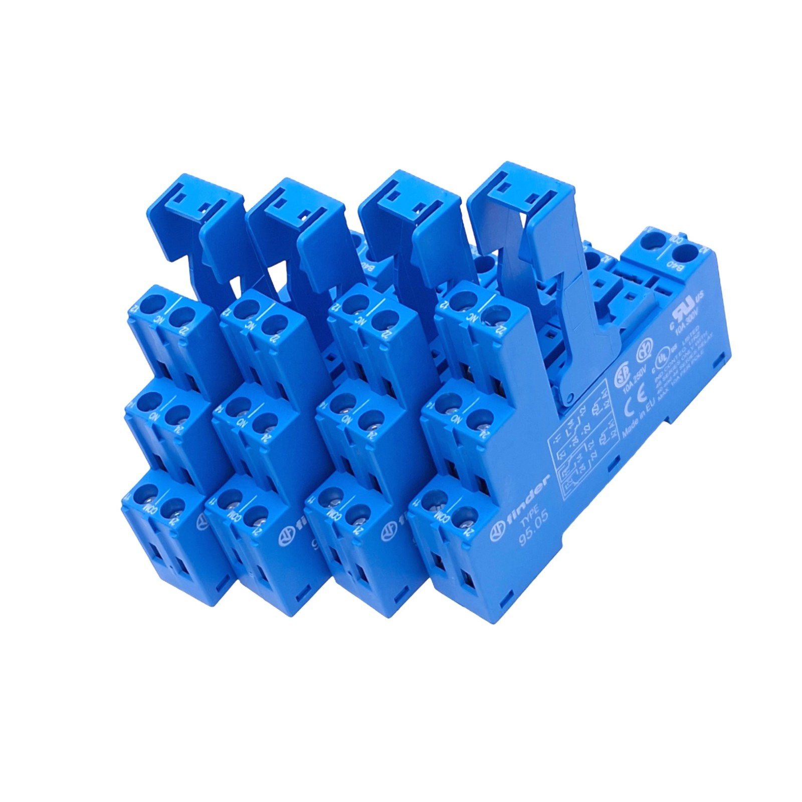 Lot of 4 Finder 95.05 Relay Sockets for 40 Series, 8-Pin, 10A 250V Max, DIN Rail