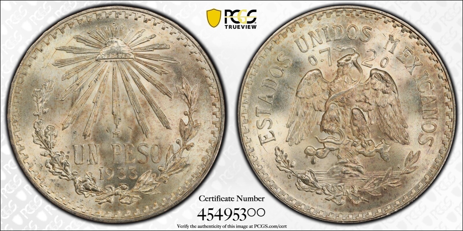 MEXICO ESTADOS UNIDOS  1933  1 PESO SILVER COIN, PCGS CERTIFIED SUPERB GEM MS66