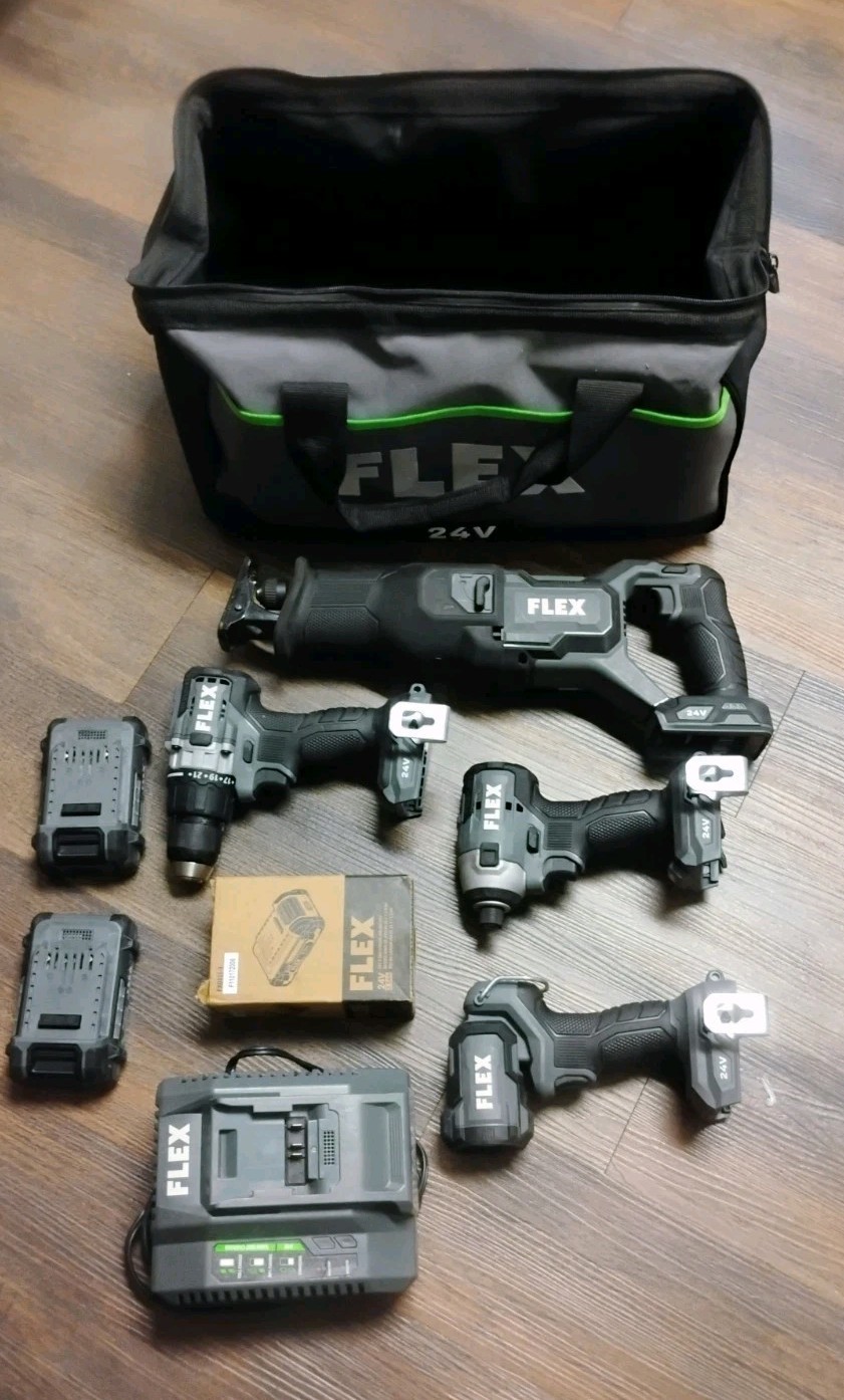 Flex 24-volt 4-Tooll Brushless Tool  Kit, Soft Bag, Batteries (3), FREE 31pc set