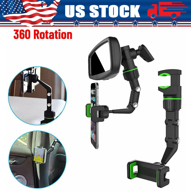 360°Car Rearview Mirror Rotation Adjustable Phone Holder Mount Multifunction LOT