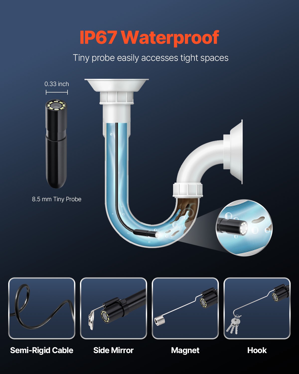 VEVOR Endoscope Camera 1920P HD Borescope for Android & IOS with 49.2FT Cable