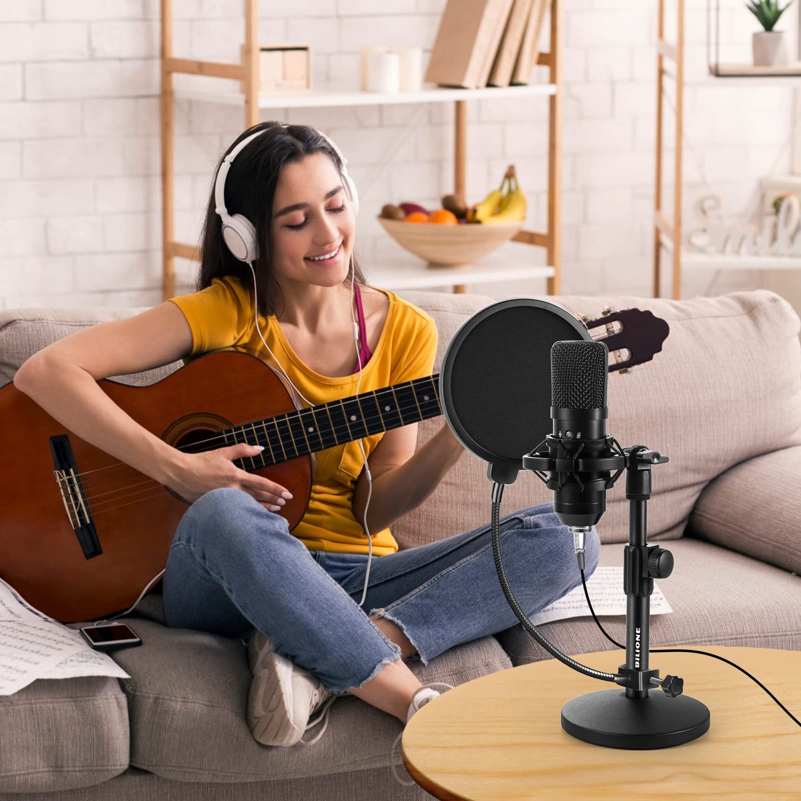 Multifunctional Desktop Microphone Stand, Adjustable Mic Stand Desk with Pop Fil