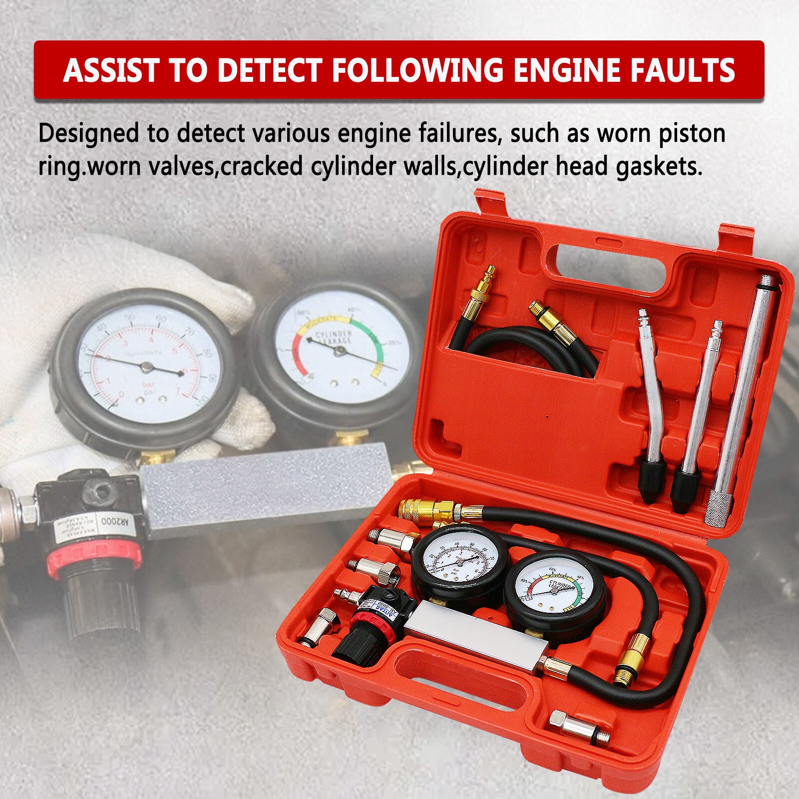 Engine Cylinder Dual Gauge Leakdown Tester kit Diagnostics Tool