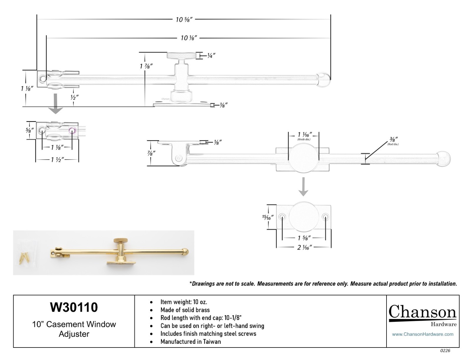Chanson Hardware Solid Brass 10" Casement Stay Adjuster - Satin Brass