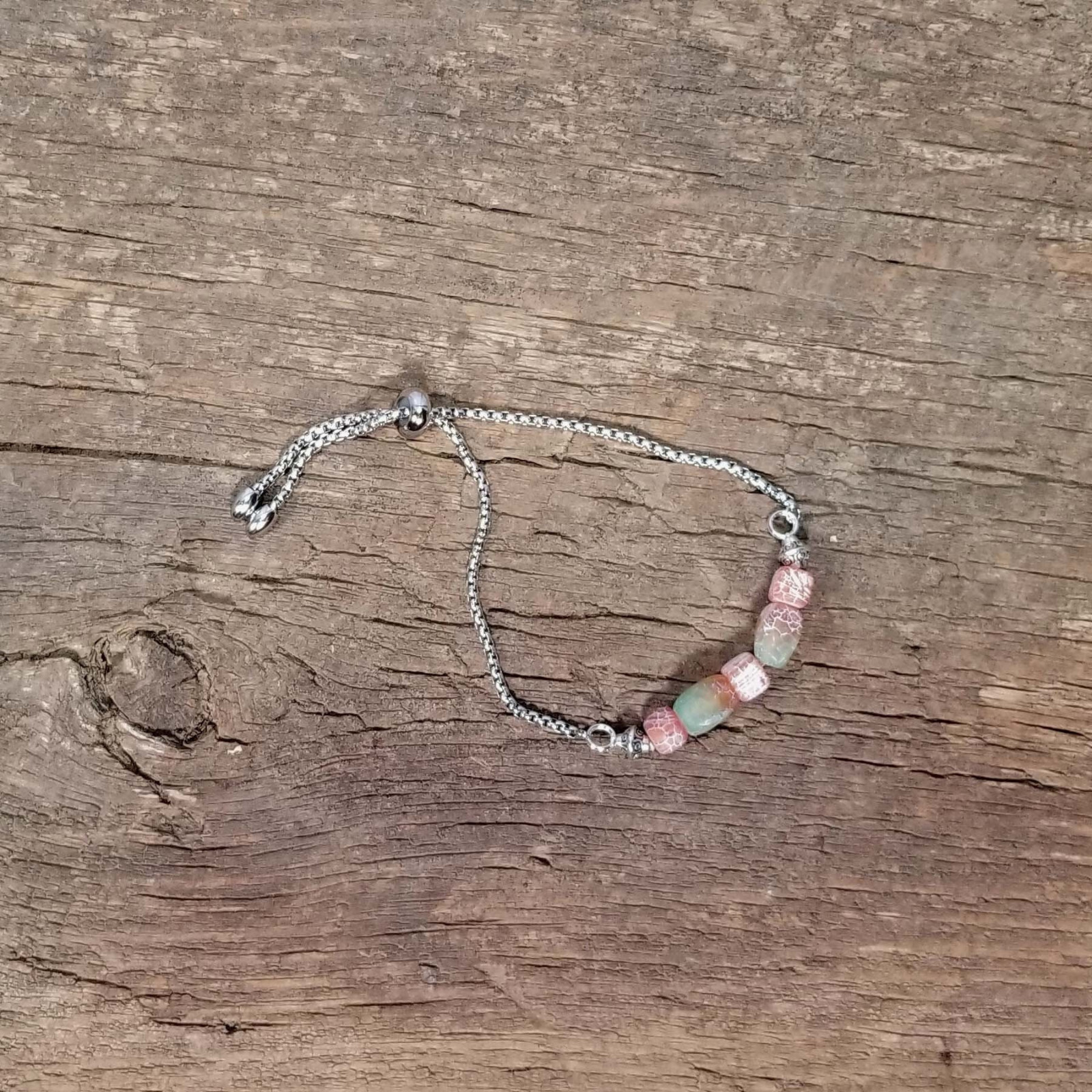 Unique Crackle Bead and Stainless Steel Adjustable Length Chain Bracelet
