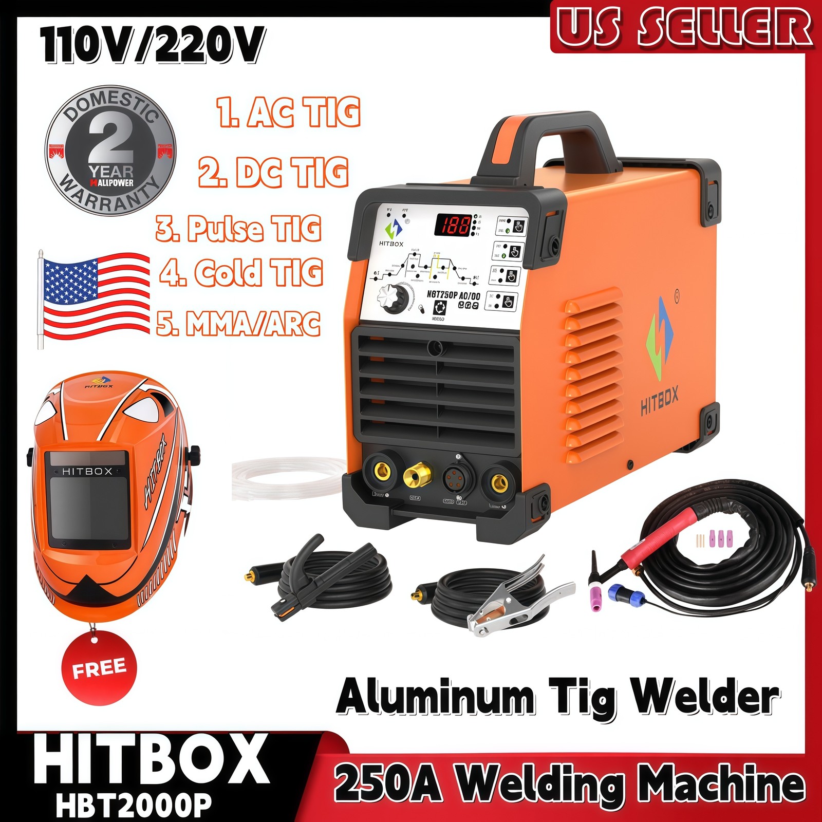 HITBOX AC DC 220v Aluminum Pulse HF TIG MMA Welding Machine W/ Foot Pedal&Helmet